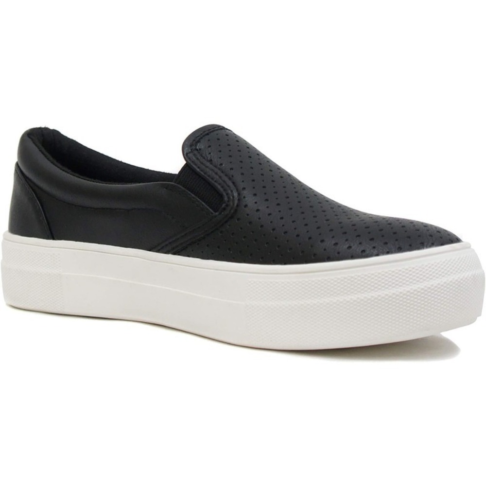 Women's Slip-On Platform Sneakers Memory Foam Faux Leather Black Size 6.5